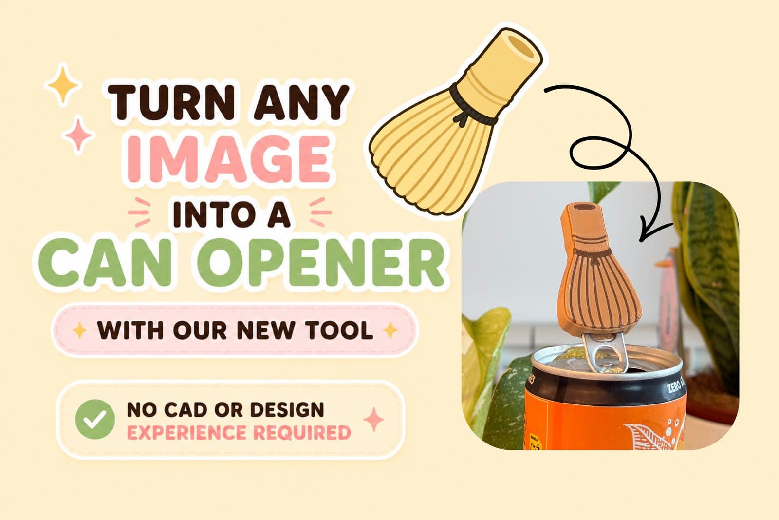 A 3D-printed matcha-whisk can opener lifting the ring-pull tab on a drink can